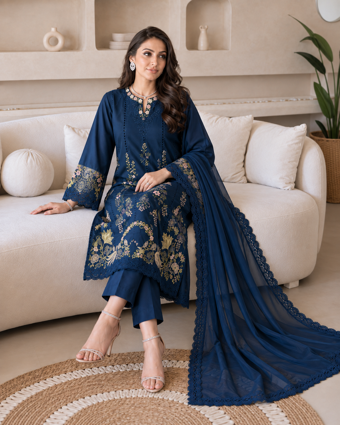 3 Piece Ready to Wear Embroidered Suit (Blue)