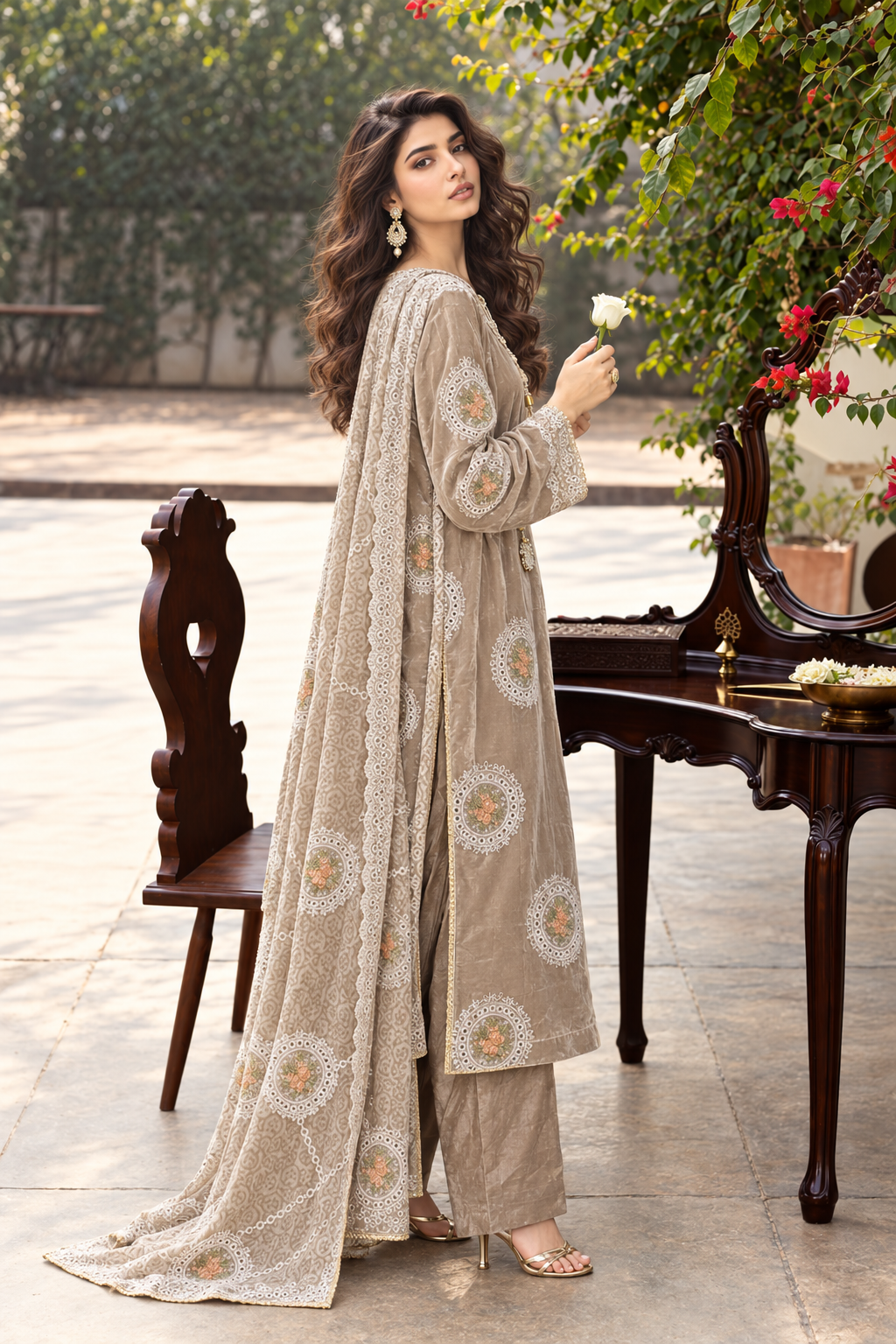 3 Piece Ready to Wear Luxury Velvet Embroidered Suit (Apple Green)