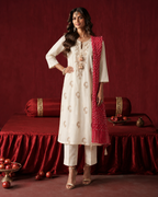 3 Piece Ready to Wear Gota Work Suit - Off-White with Red Dupatta