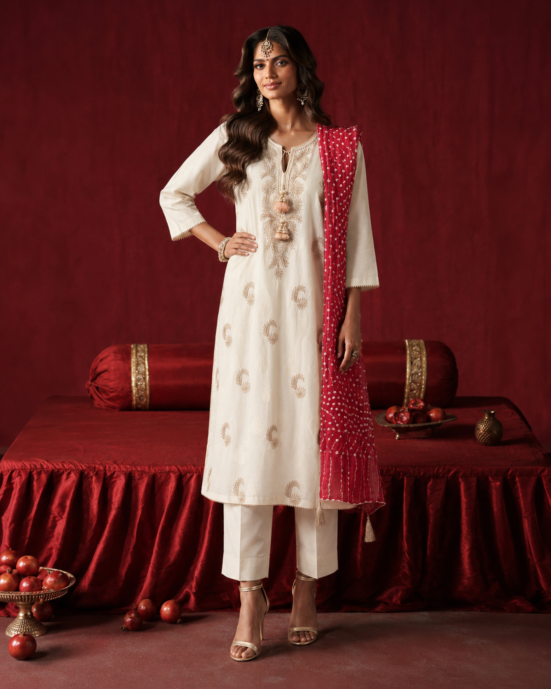 3 Piece Ready to Wear Gota Work Suit - Off-White with Red Dupatta