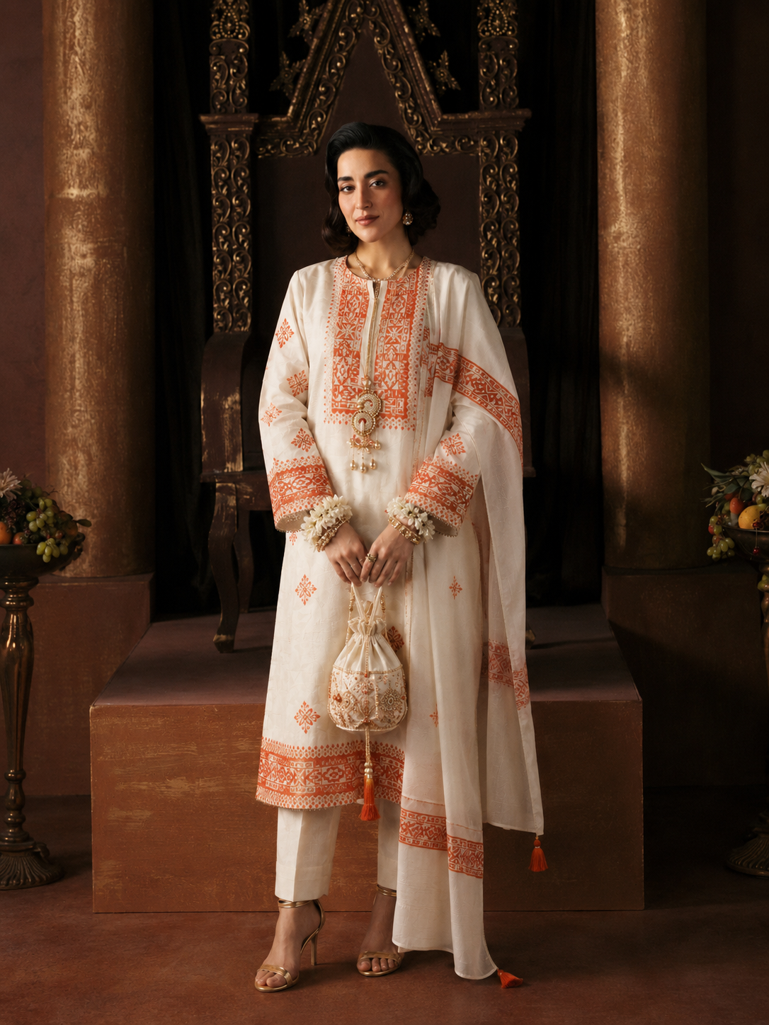 3 Piece Ready to Wear Block Printed Suit - Off-White/Orange