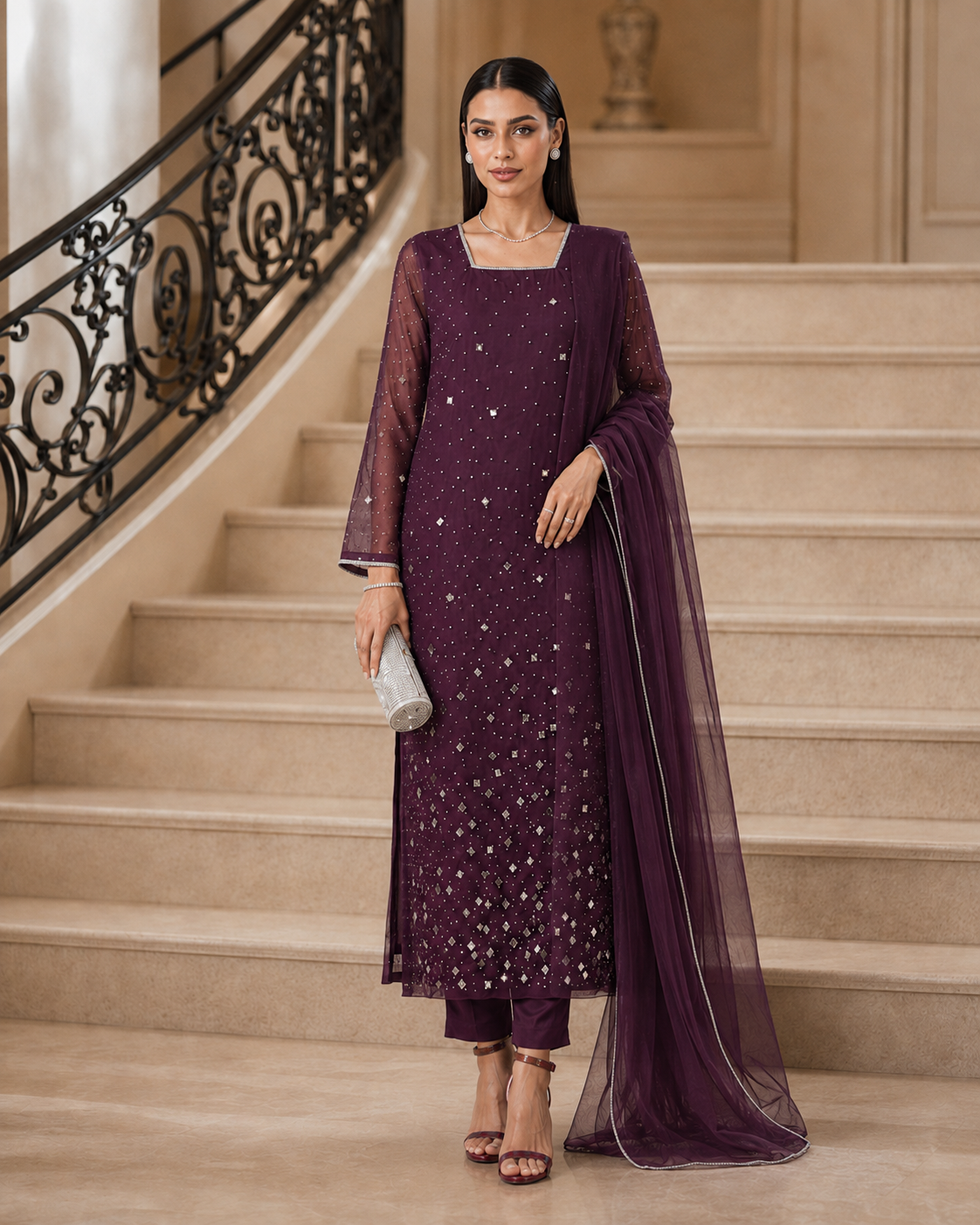 3 Piece Ready to Wear Luxury Net Suit - Plum