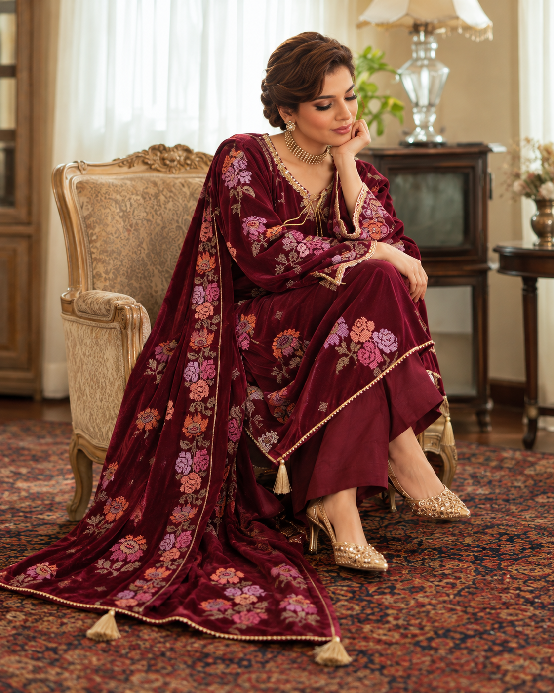 3 Piece Ready to Wear Luxury Velvet Embroidered Suit (Maroon)