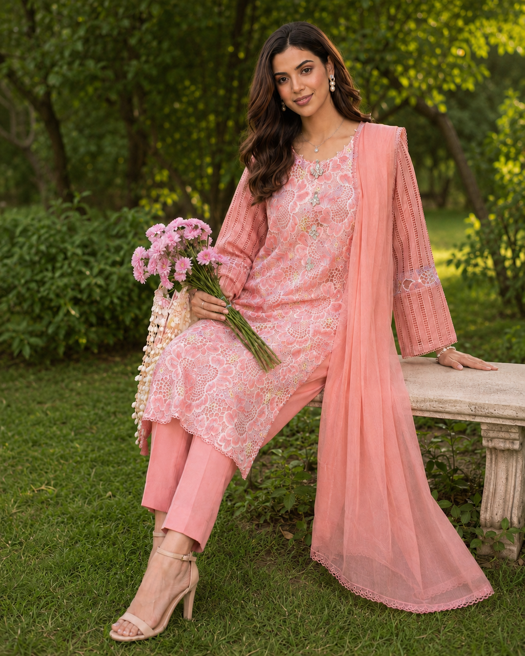 3 Piece Ready to Wear Luxury Embroidered Cutwork Suit - Coral Pink