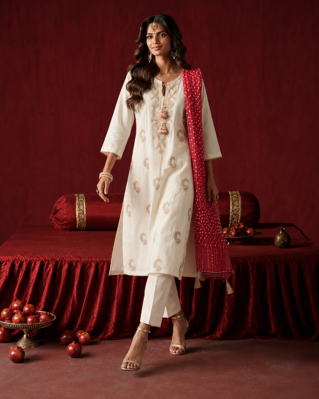 3 Piece Ready to Wear Gota Work Suit - Off-White with Red Dupatta