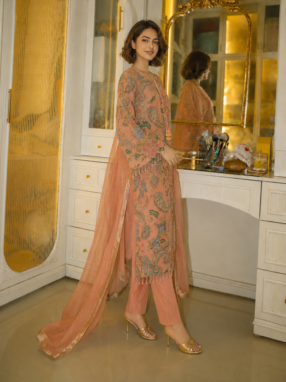 3 Piece Ready to Wear Luxury Embroidered Armani Silk Suit - Peach