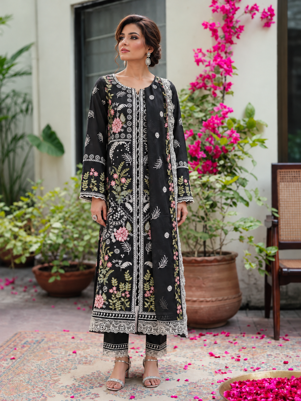 3 Piece Ready to Wear Embroidered Suit (Black)
