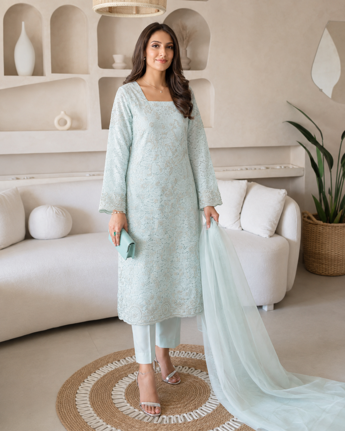 3 Piece Ready to Wear Luxury Chantilly Net Suit - Aqua