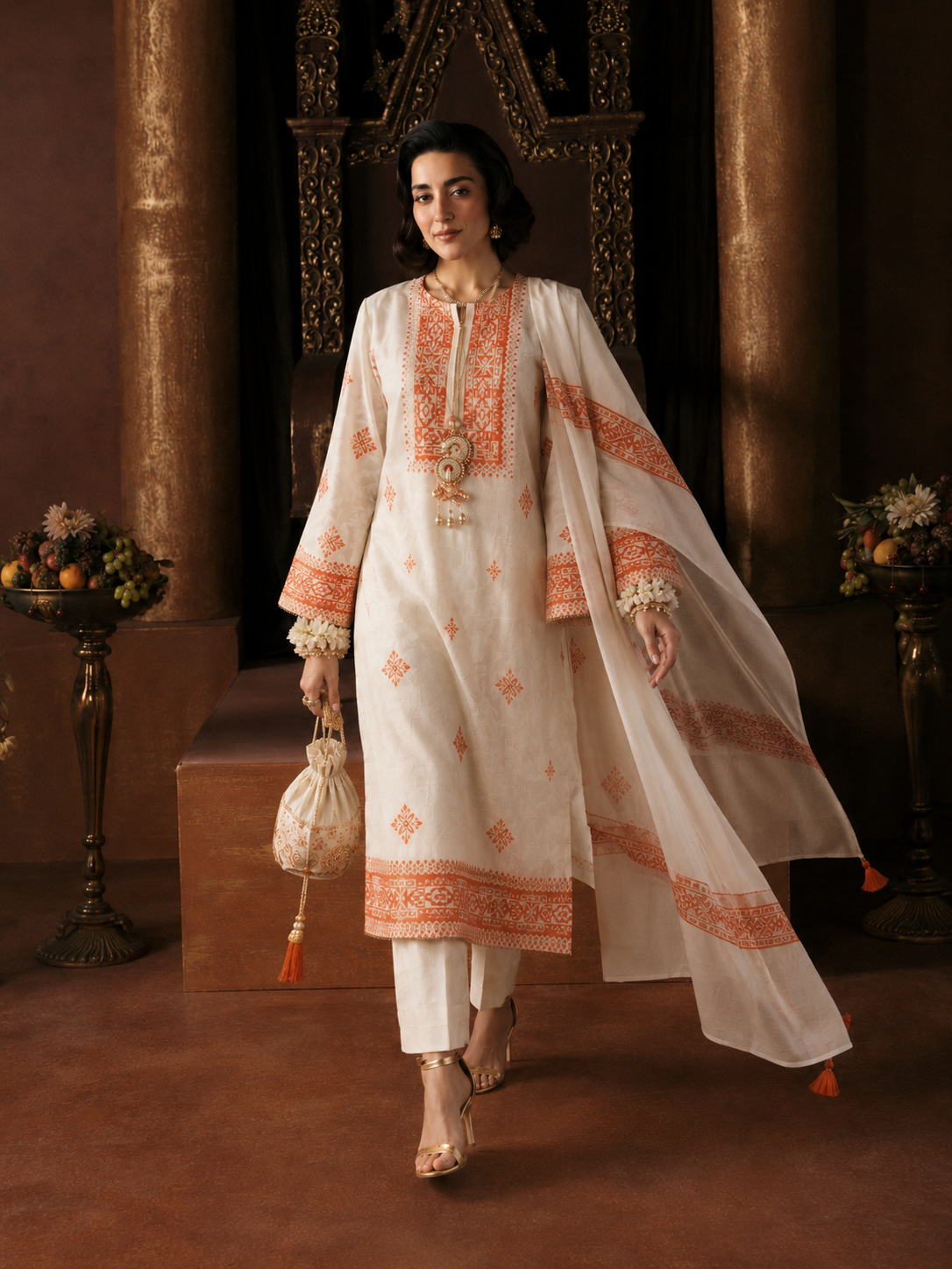 3 Piece Ready to Wear Block Printed Suit - Off-White/Orange