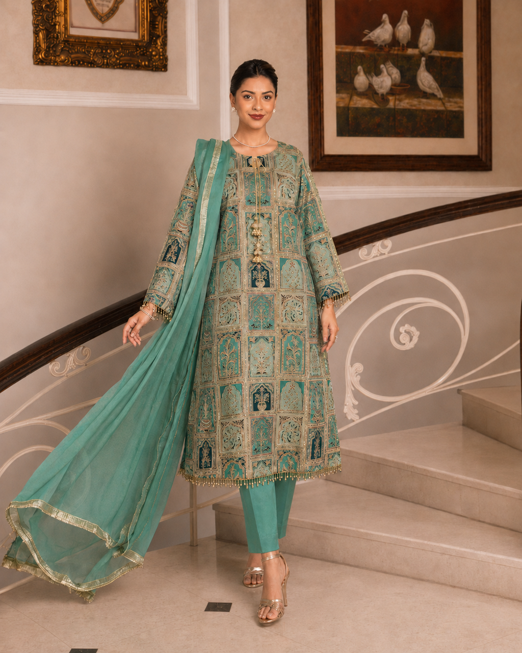3 Piece Ready to Wear Luxury Embroidered Armani Silk Suit - Green