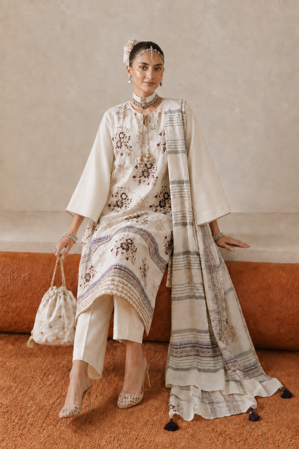 3 Piece Ready to Wear Block Printed Suit - Off-White/Brown/Purple