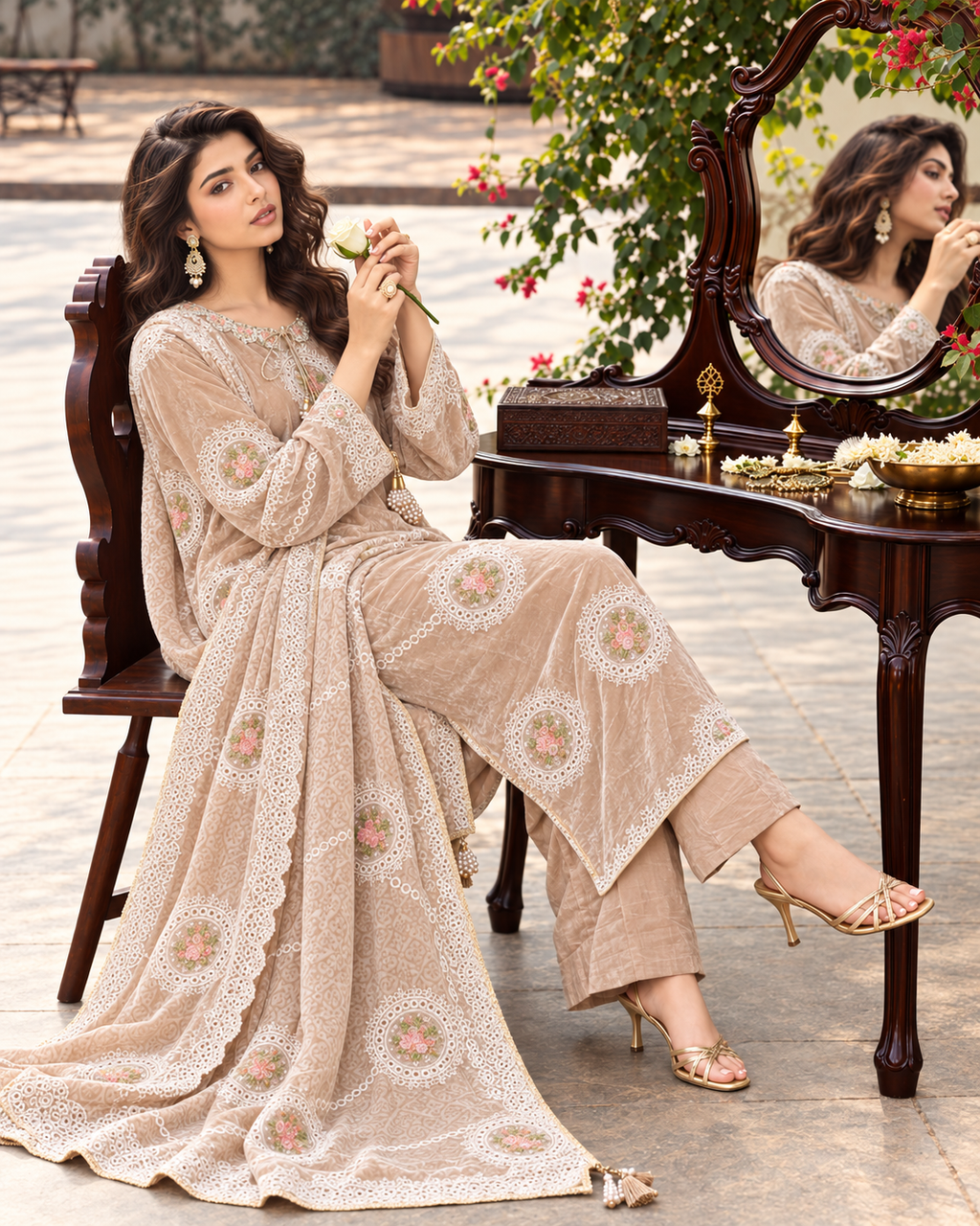 3 Piece Ready to Wear Luxury Velvet Embroidered Suit (Peach)