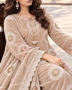 3 Piece Ready to Wear Luxury Velvet Embroidered Suit (Peach)