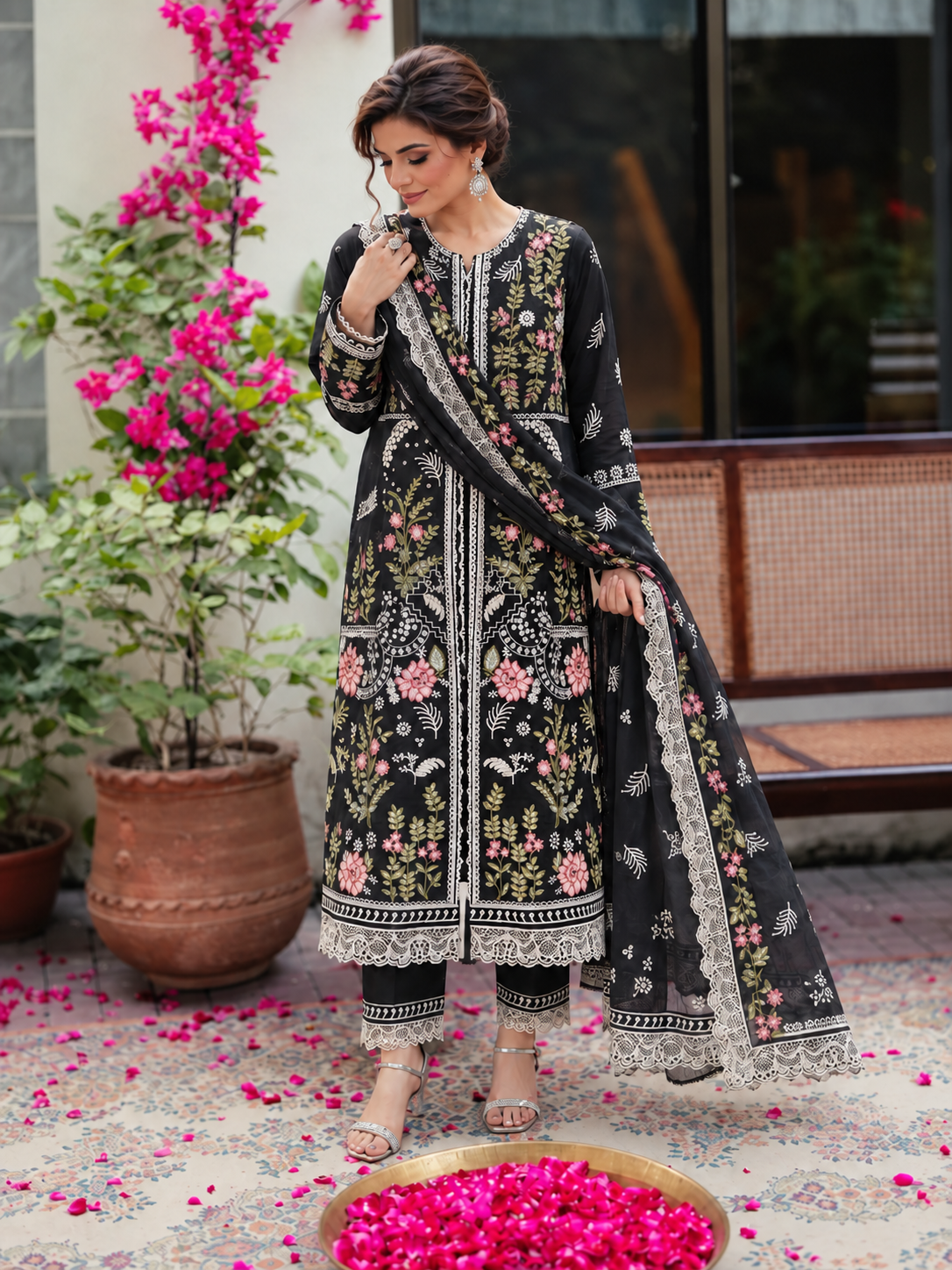 3 Piece Ready to Wear Embroidered Suit (Black)