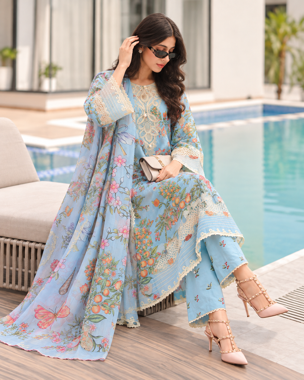 3 Piece Ready to Wear Embroidered Suit (Blue)