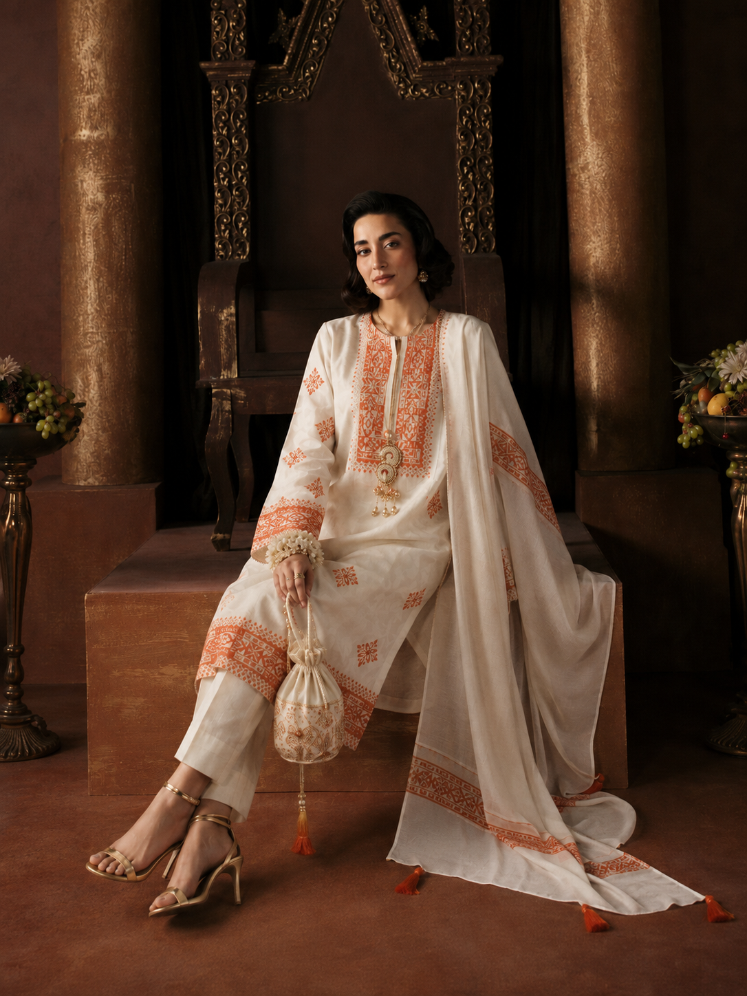 3 Piece Ready to Wear Block Printed Suit - Off-White/Orange