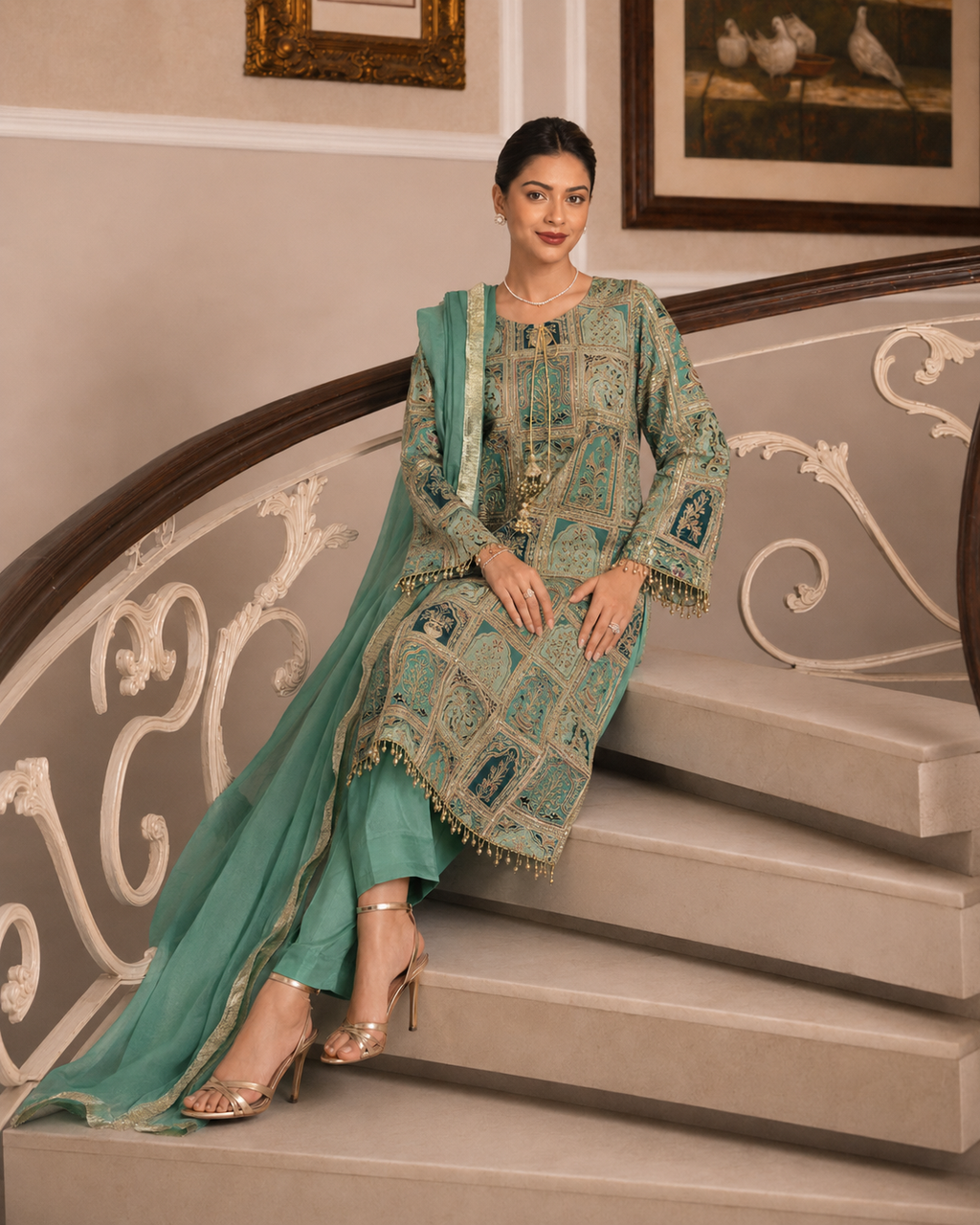 3 Piece Ready to Wear Luxury Embroidered Armani Silk Suit - Green