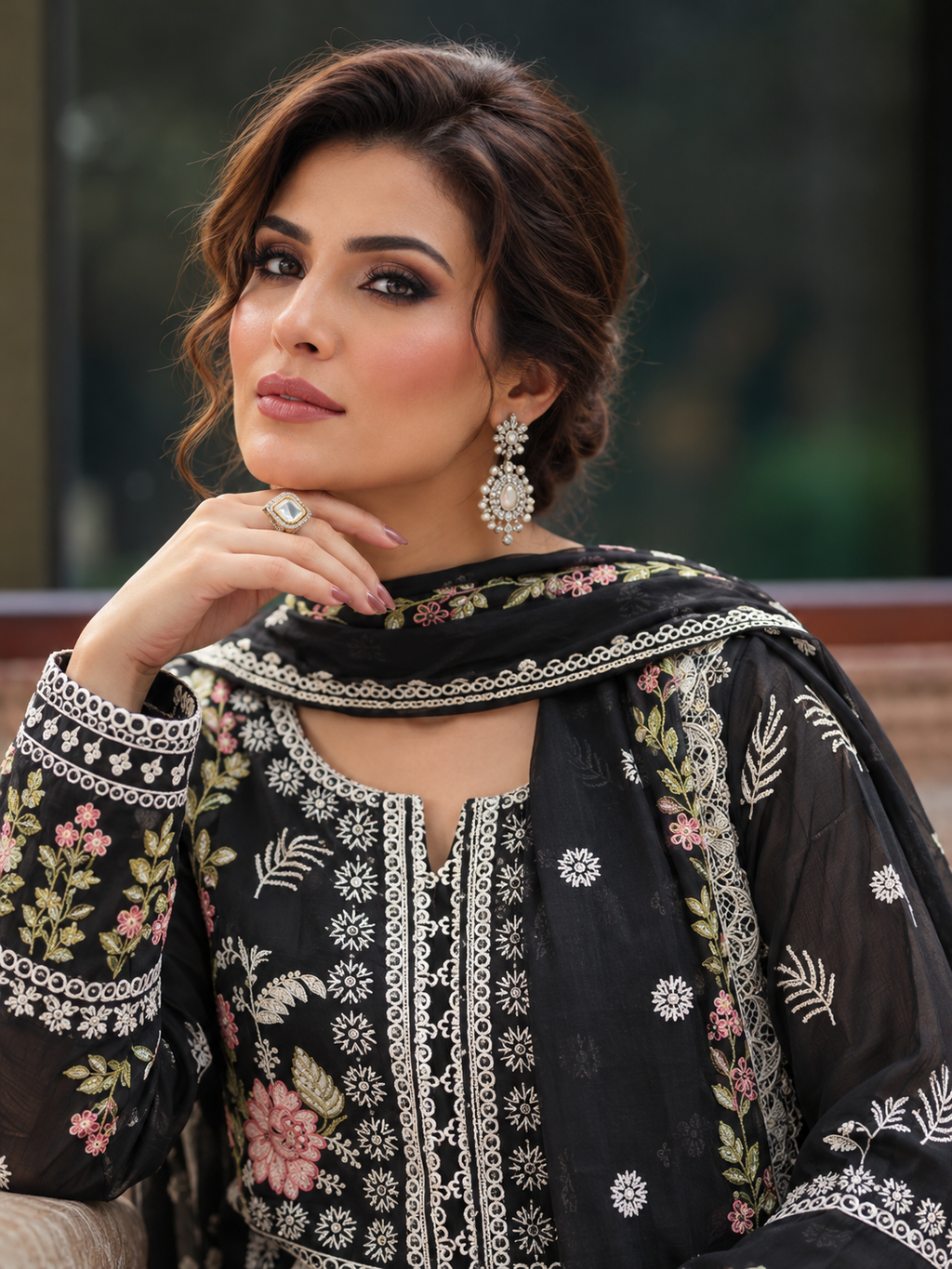 3 Piece Ready to Wear Embroidered Suit (Black)