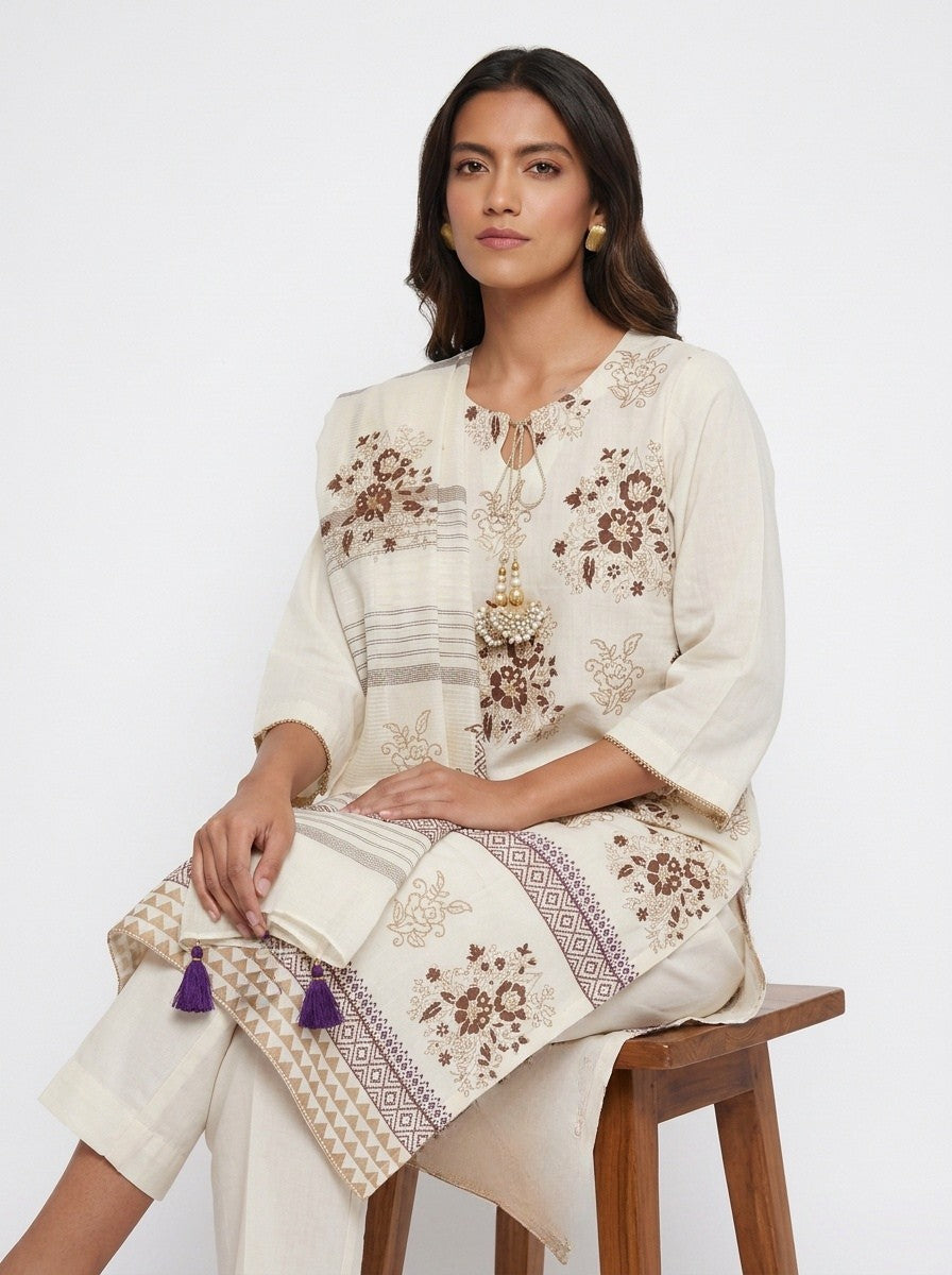 3 Piece Ready to Wear Block Printed Suit - Off-White/Brown