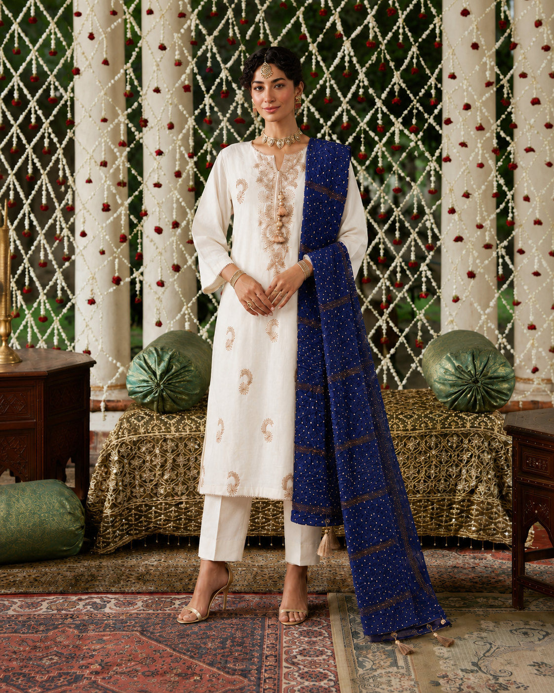 3 Piece Ready to Wear Gota Work Suit - Off-White with Blue Dupatta