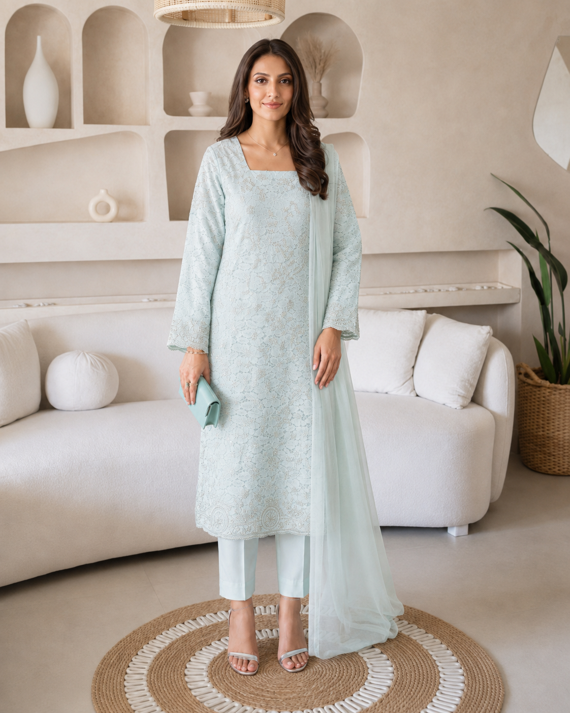 3 Piece Ready to Wear Luxury Chantilly Net Suit - Aqua