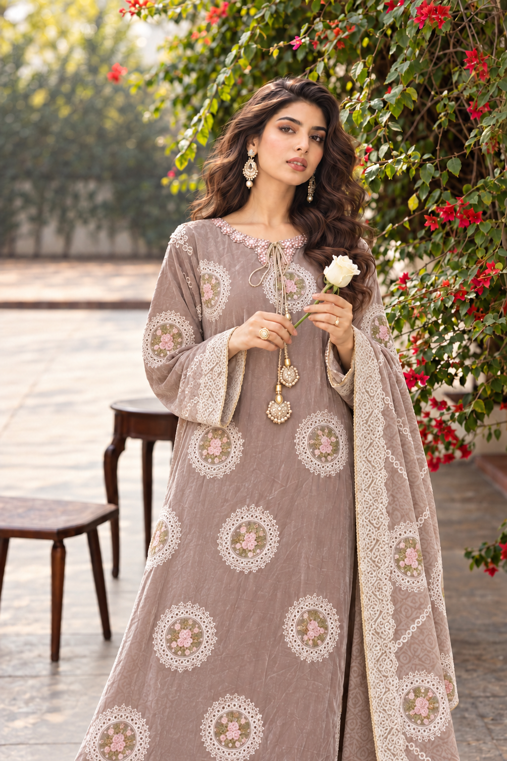 3 Piece Ready to Wear Luxury Velvet Embroidered Suit (Mauve)