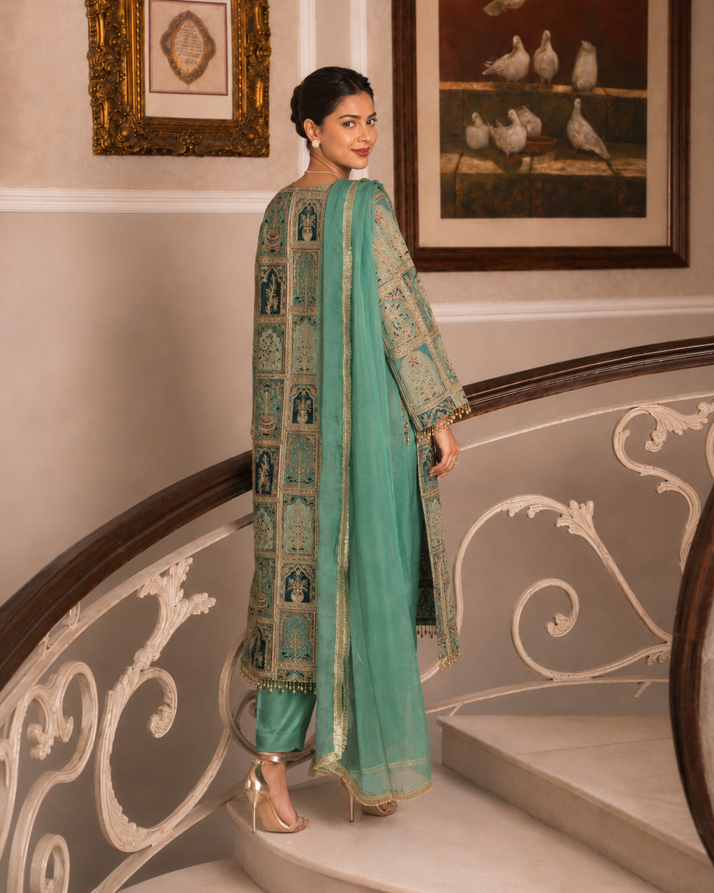 3 Piece Ready to Wear Luxury Embroidered Armani Silk Suit - Green