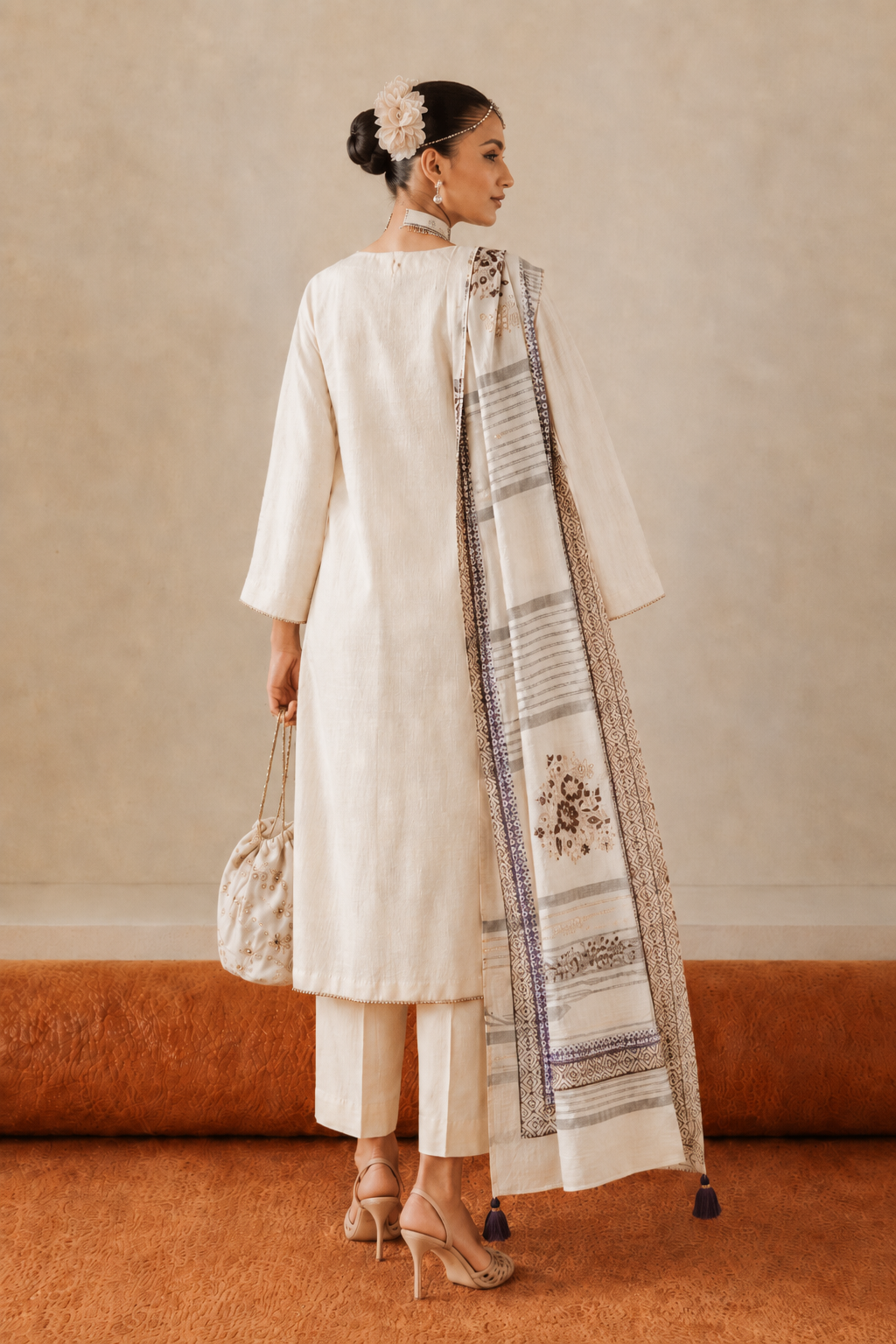 3 Piece Ready to Wear Block Printed Suit - Off-White/Brown/Purple