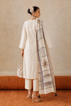 3 Piece Ready to Wear Block Printed Suit - Off-White/Brown/Purple