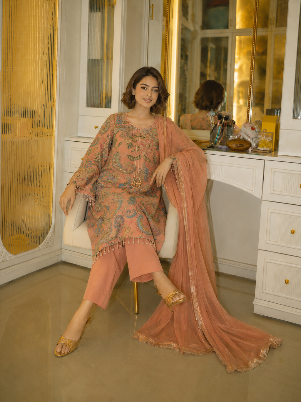 3 Piece Ready to Wear Luxury Embroidered Armani Silk Suit - Peach