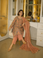 3 Piece Ready to Wear Luxury Embroidered Armani Silk Suit - Peach