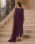 3 Piece Ready to Wear Luxury Net Suit - Plum