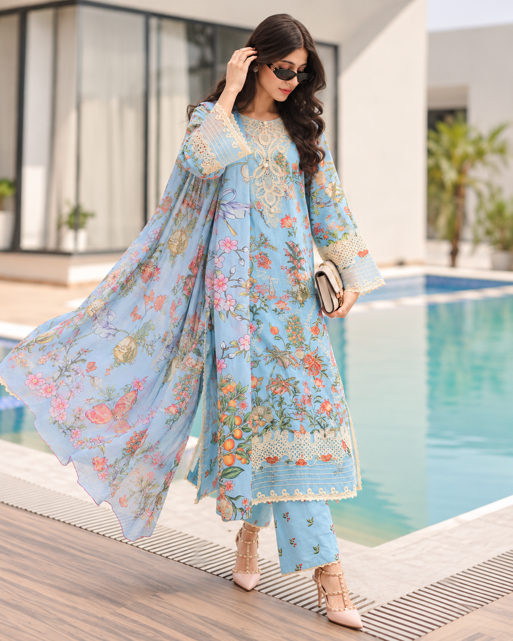 3 Piece Ready to Wear Embroidered Suit (Blue)