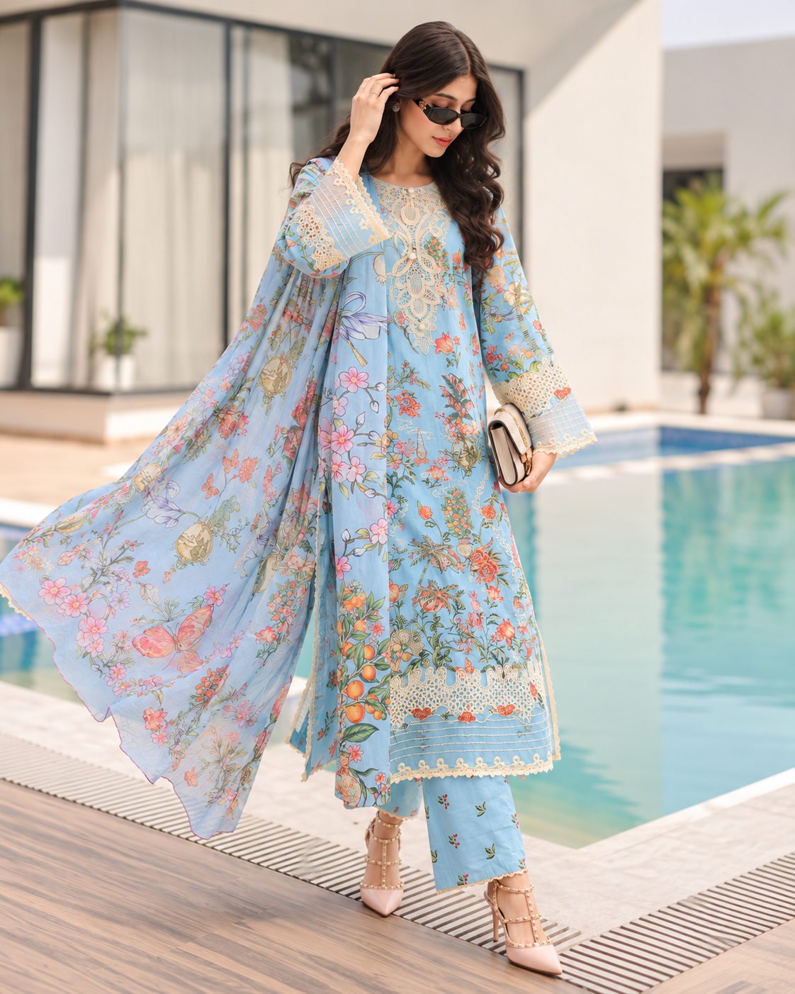 3 Piece Ready to Wear Embroidered Suit (Blue)