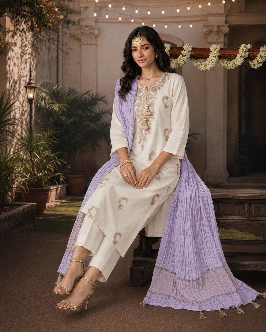 3 Piece Ready to Wear Gota Work Suit - Off-White with Lilac Dupatta