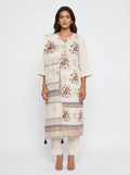 3 Piece Ready to Wear Block Printed Suit - Off-White/Brown