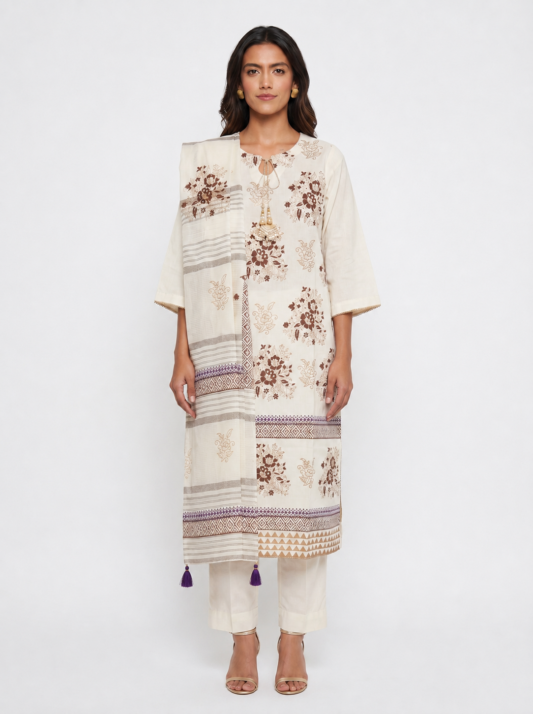 3 Piece Ready to Wear Block Printed Suit - Off-White/Brown