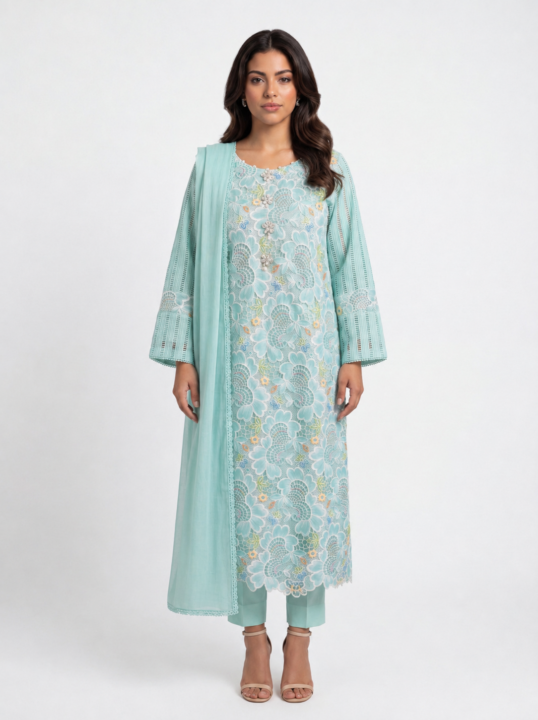 3 Piece Ready to Wear Luxury Embroidered Cutwork Suit - Blue