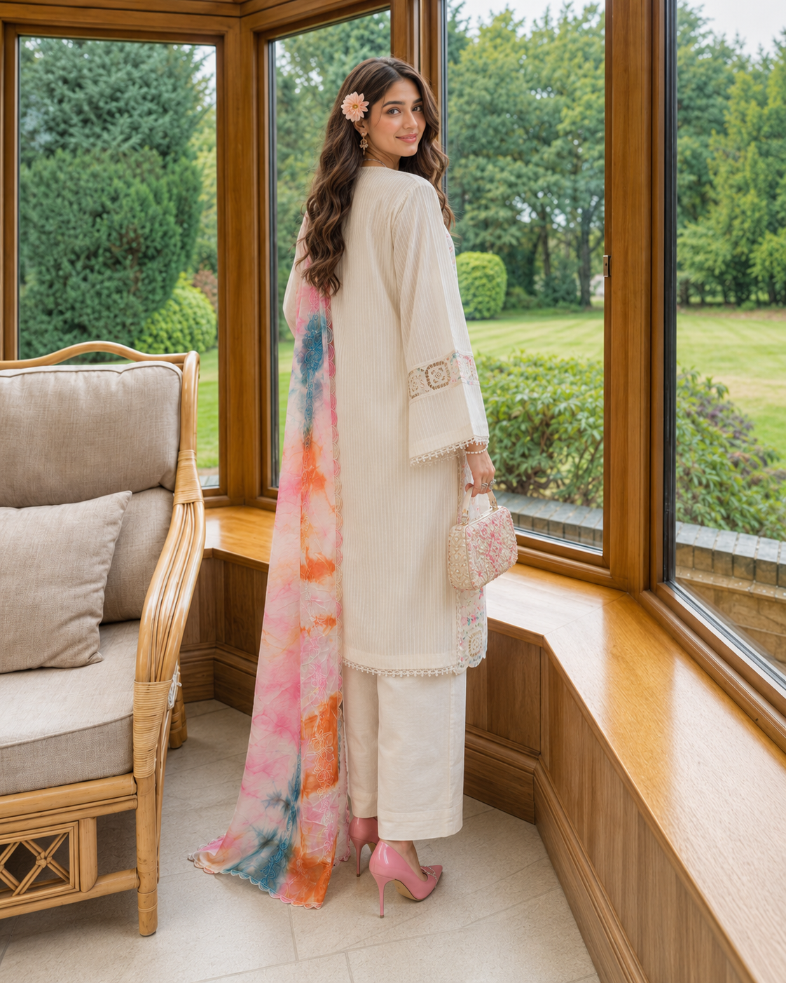 3 Piece Ready to Wear Luxury Embroidered Crochet Suit - Off-White/Multi