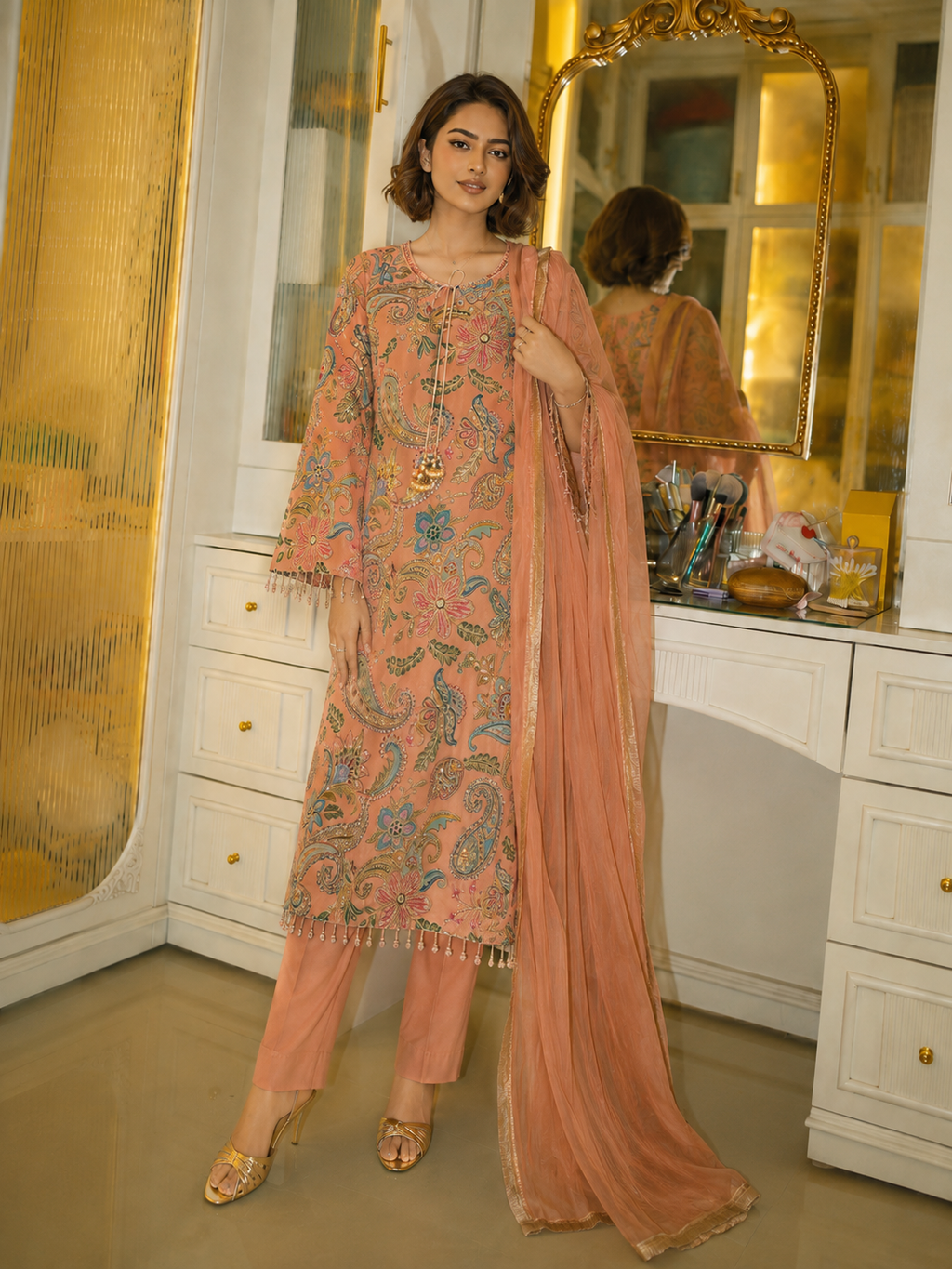 3 Piece Ready to Wear Luxury Embroidered Armani Silk Suit - Peach