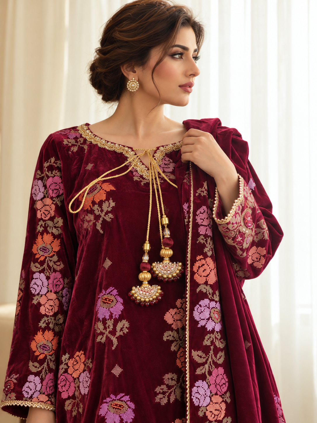 3 Piece Ready to Wear Luxury Velvet Embroidered Suit (Maroon)