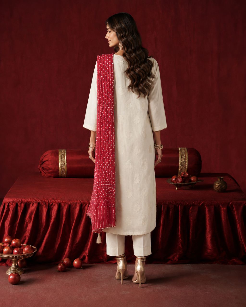 3 Piece Ready to Wear Gota Work Suit - Off-White with Red Dupatta