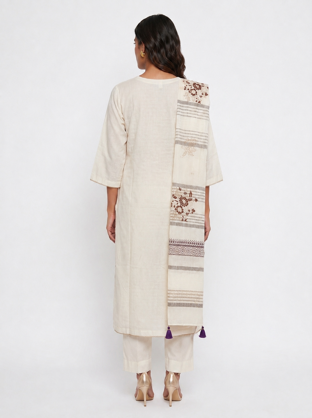 3 Piece Ready to Wear Block Printed Suit - Off-White/Brown