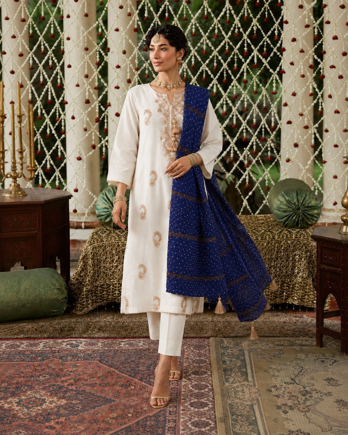 3 Piece Ready to Wear Gota Work Suit - Off-White with Blue Dupatta