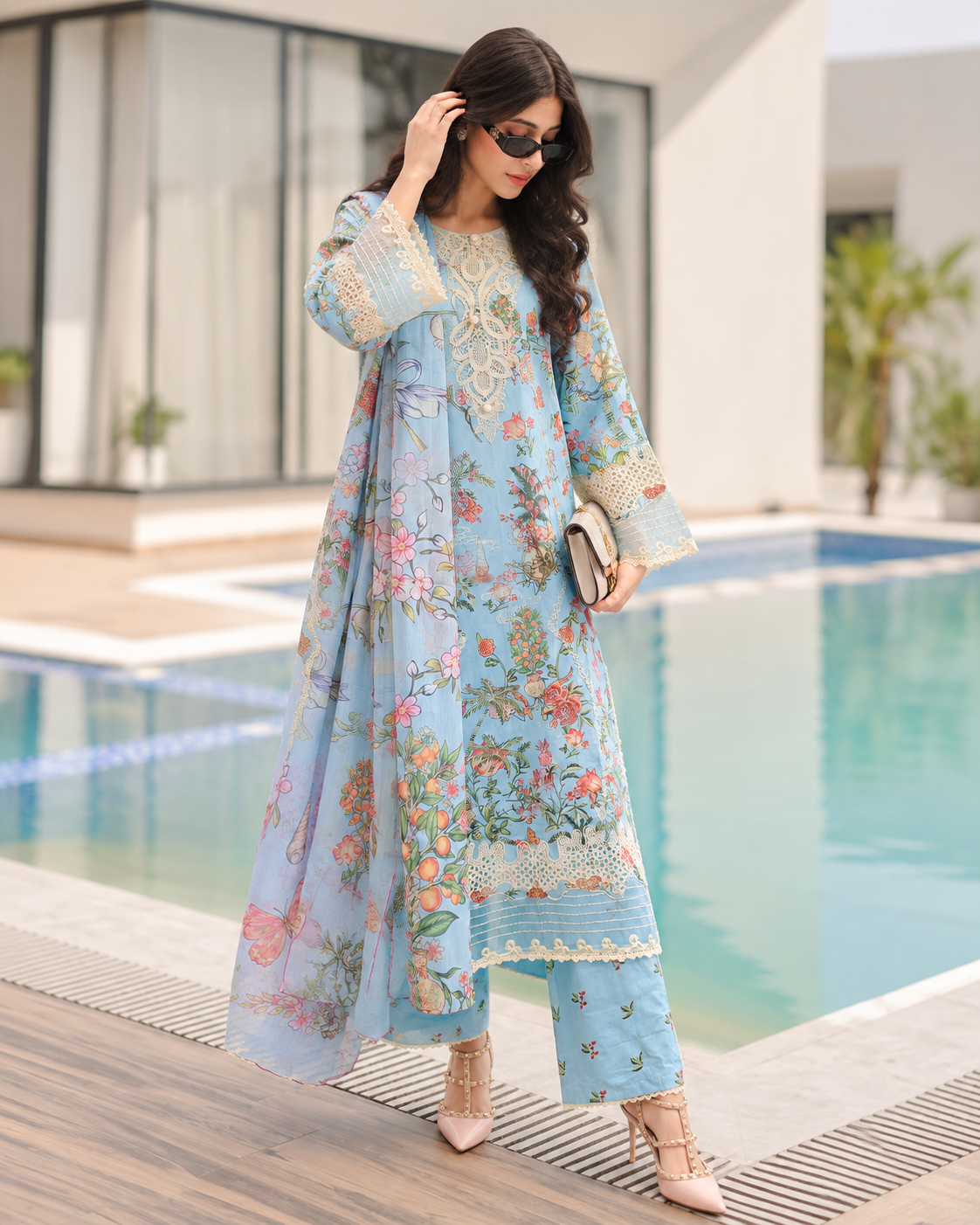 3 Piece Ready to Wear Embroidered Suit (Blue)
