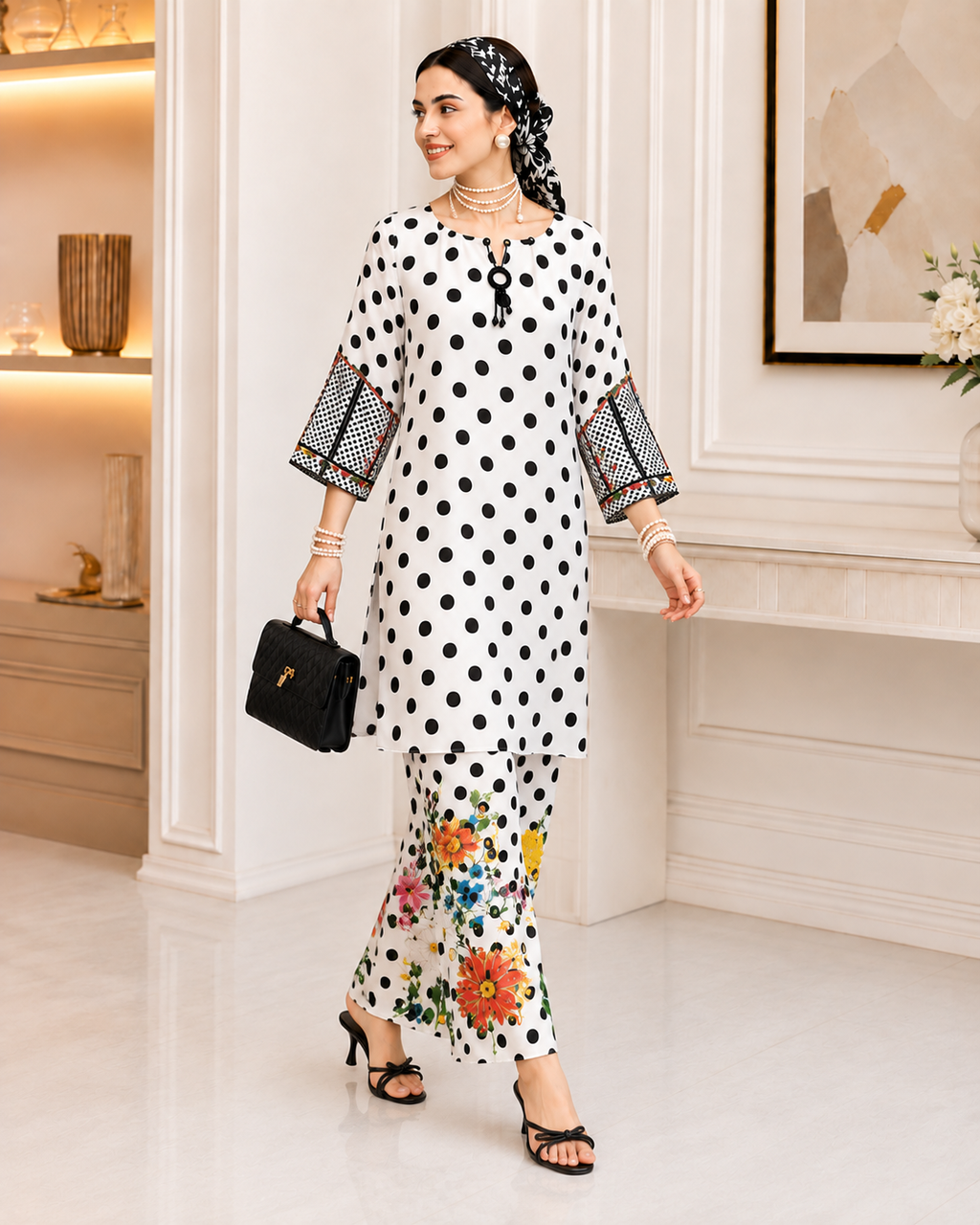 2 Piece Ready to Wear Printed Co-ord Set (Black & White)