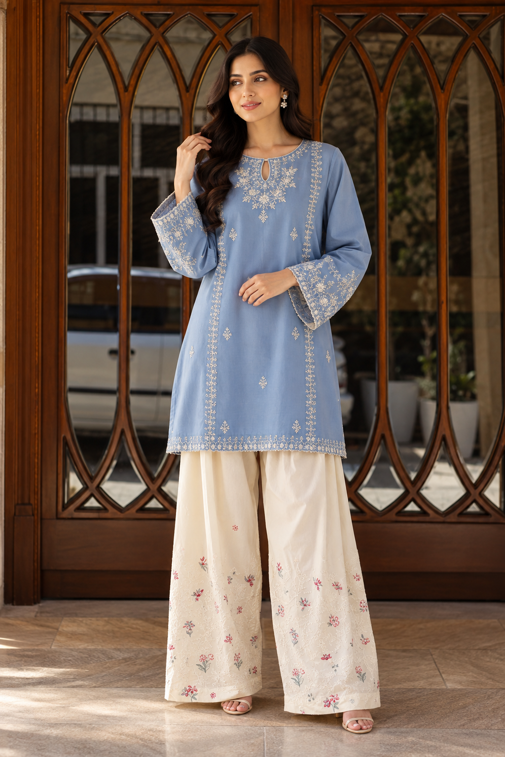 2 Piece Ready to Wear Embroidered Farshi Suit (Blue & Off-white)