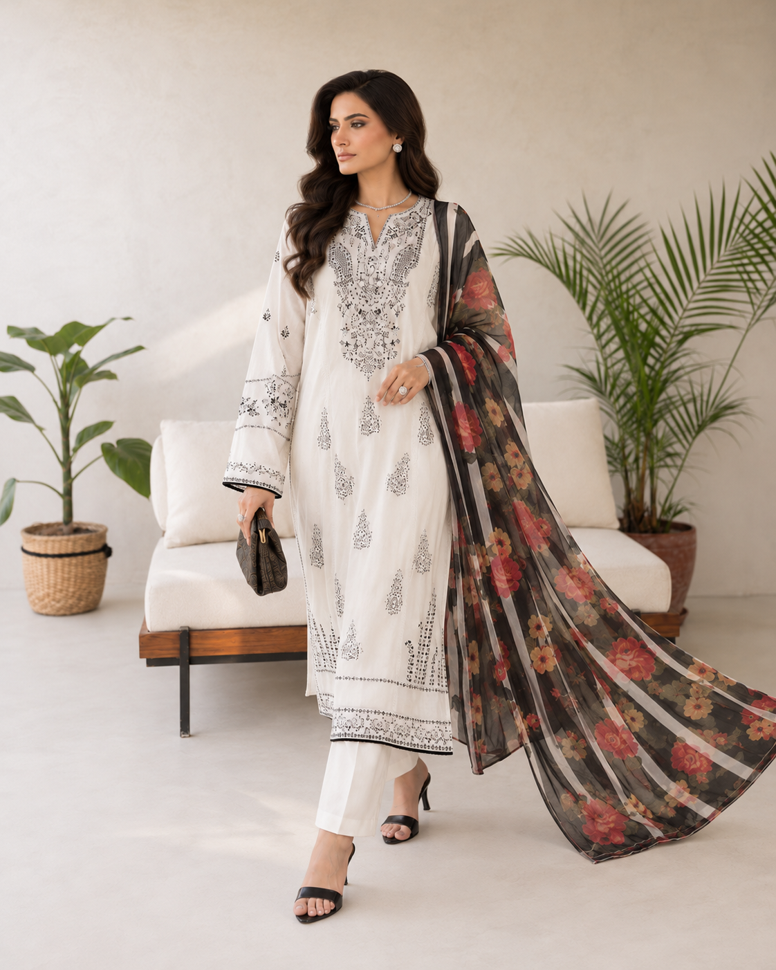 3 Piece Ready to Wear Embroidered Suit (White)