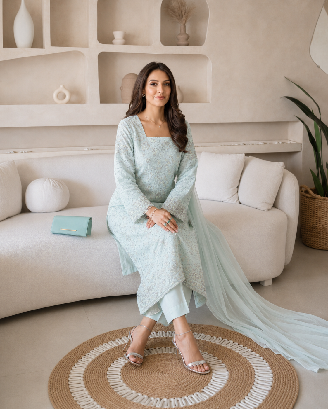 3 Piece Ready to Wear Luxury Chantilly Net Suit - Aqua