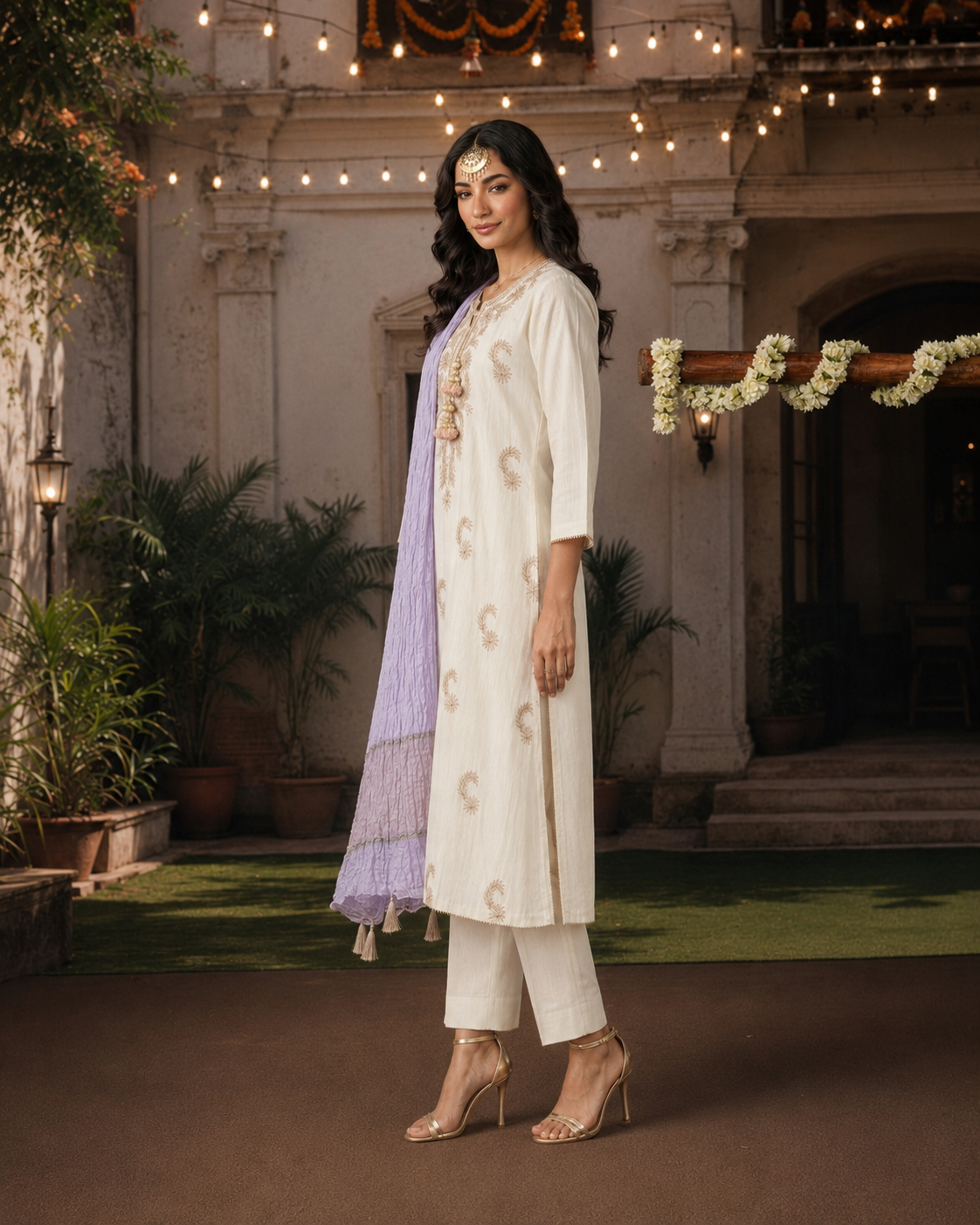 3 Piece Ready to Wear Gota Work Suit - Off-White with Lilac Dupatta